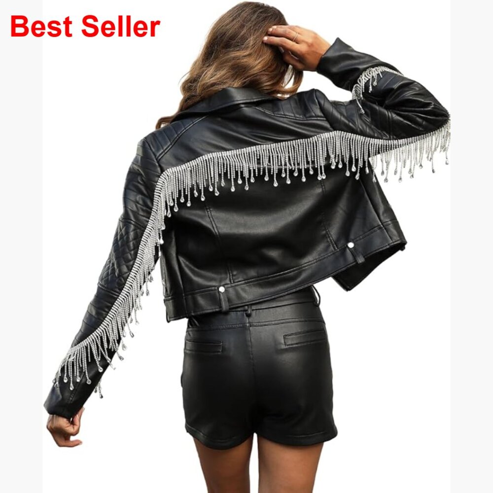 Faux Leather Moto Jacket With Studded Rivet And Fringe Details